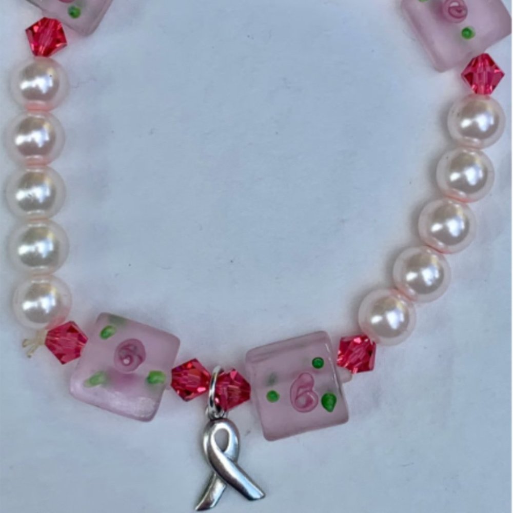 Sterling Silver Breast Cancer Charm & Pearl Glass Bead Bracelet